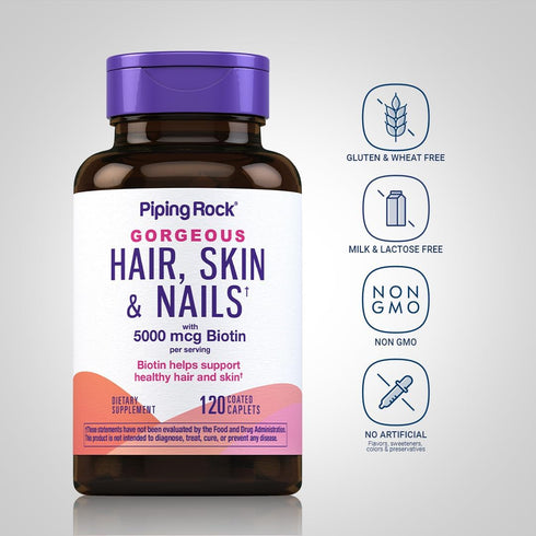 Piping Rock Hair Skin and Nails Vitamins | 120 Caplet Pills | 3000 mcg Biotin with Collagen, Non-GMO