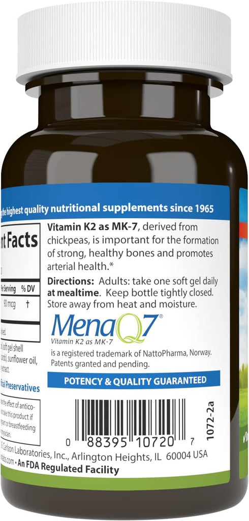 Carlson Vitamin K2 MK-7 (Menaquinone) - 90 mcg, Bone Support, 120 Softgels