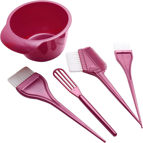 Premium Salon Hair Dye Kit, 5 Pack - Hair Coloring Brush and Bowl Set for DIY Hair Dyeing (Purplish Red)