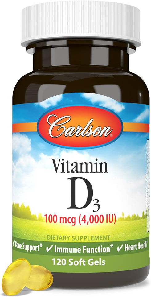 Carlson Vitamin D3 4000 IU - 120 Gluten Free Softgels for Bone & Immune Health