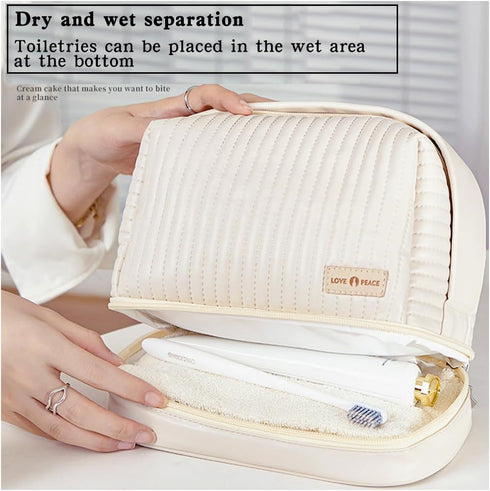 Cute Waterproof Leather Cosmetic Bag Set of 3, Travel Makeup Organizer with Handle & Zipper, Off-white Color