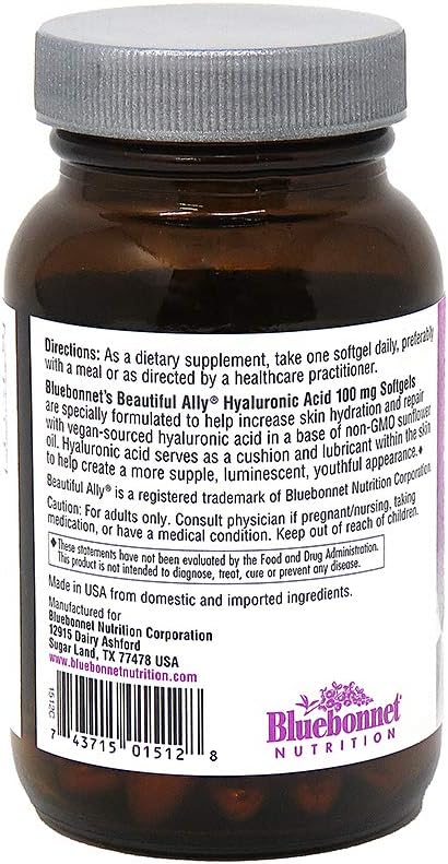 Bluebonnet Nutrition Beautiful Ally Hyaluronic Acid 100mg, 90 Softgels, Non-GMO, Gluten-Free