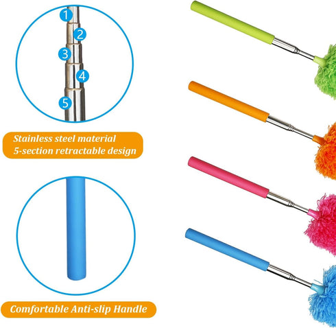 4 Pcs Washable Microfiber Feather Duster - Extendable Pole and Bendable Head for Cleaning