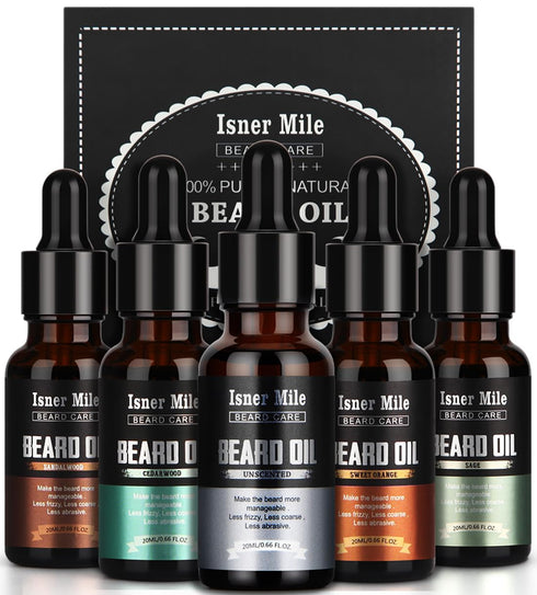 ISNER MILE 5 Pack Beard Oil Set - Leave in Conditioner Cedarwood, Sandalwood, Sage, Sweet Orange for Men