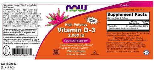 NOW Supplements, Vitamin D-3 2,000 IU, High Potency, Structural Support*, 240 Softgels