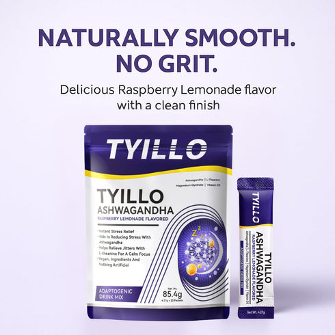 Tyillo D3 20 Ashwagandha Drink Mix, Raspberry Lemonade Flavor, with L-Theanine, Magnesium & Stress Relief, Calm Focus