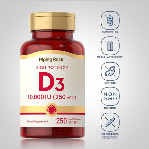 Piping Rock Vitamin D3 10000 IU | 250 Softgels | High Potency, Non-GMO, Gluten Free Supplement