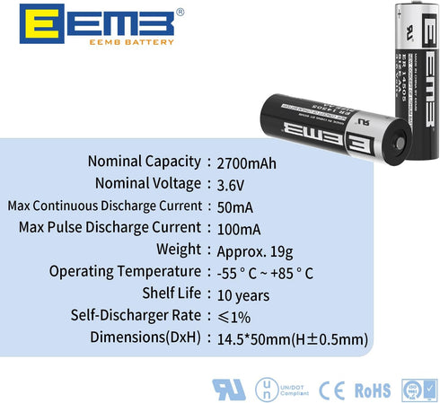 EEMB 10Pack ER14505 3.6V AA Lithium Batteries 2700mAh Li-SOCL2 Non-Rechargeable for Door Gate Sensor Water Meter.