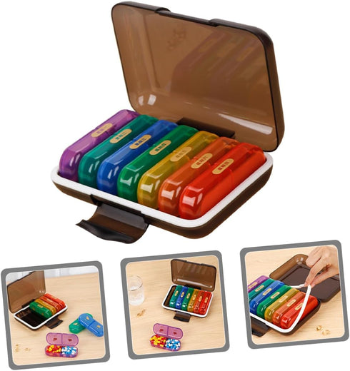 Wakauto Weekly Pill Organizer Box with Seven Color-Coded Compartments, Portable Medicine Storage Case with Black Shell