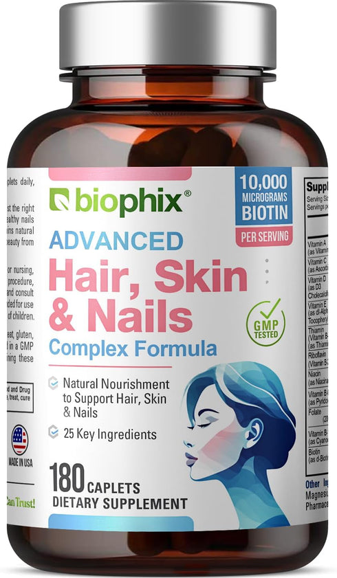 biophix Hair Skin and Nails Complex, 180 Caplets with 10,000 mcg Biotin for Healthy Aging