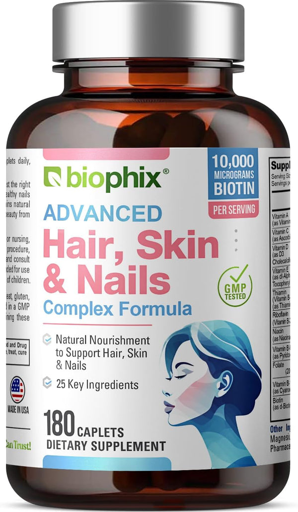 biophix Hair Skin and Nails Complex, 180 Caplets with 10,000 mcg Biotin for Healthy Aging