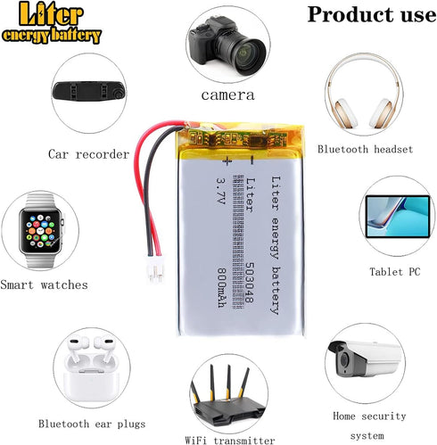 3.7V Lipo Battery 800mAh, Rechargeable Lithium Ion Polymer Battery 503048 with JST Connector