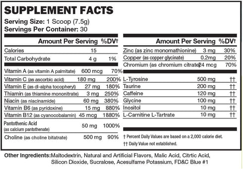 Morning Buzz Energy Drink Powder, Sugar-Free Energy Boost Drink Mix with Antioxidants, Blue Raspberry, 30 Servings, 8
