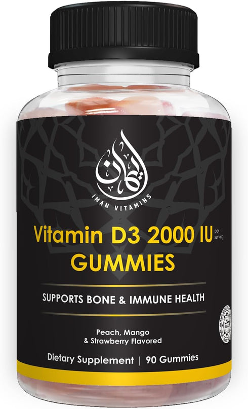 Halal Vitamin D3 Gummies for Adults, 1000IU - 2000IU - Supports Bone, Immunity, Heart Health - 45-90 Servings