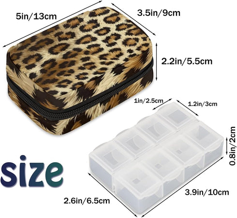 Skonsati 7 Leopard Cheetah Weekly Pill Organizer Pill Caes Bag Day Medicine Container Case with Removable Pill Box