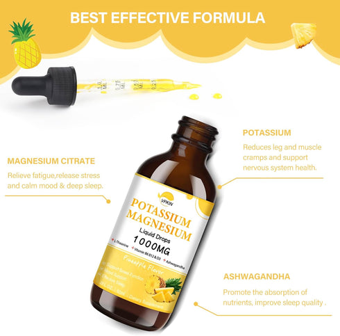 Potassium Magnesium Citrate Supplement,Magnesium Liquid Drops 1000mg with Magnesium Glycinate, Support Calm & Bone & Muscle & Immune Health (Pineapple,2 FL.OZ.)