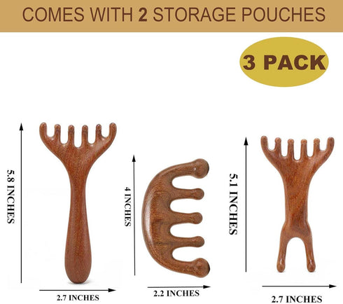 Set 3 of Wooden Scalp Massagers - Relaxing Sandalwood Foot and Scalp Tools