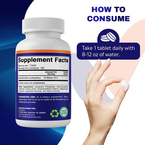 Vitamatic Acidophilus Probiotic - 10 Billion CFU - Daily Supplement, 5X Potency Supports Digestive Health - 120 Tablets