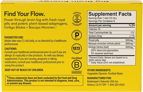 BEEKEEPER'S NATURALS B.LXR Brain Fuel, Memory & Focus Liquid Formula, 6 ct, Keto Friendly