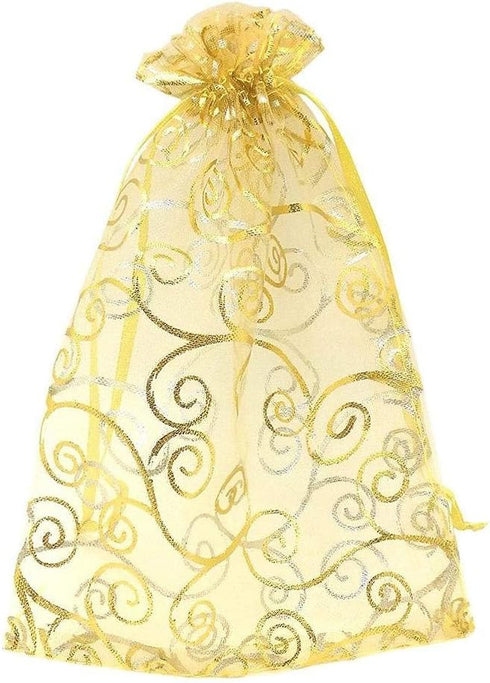Onwon 50 PCS/Set Luxury Jewelry Candy Gift Bags, Champagne Velvet Drawstring Pouches, Gold Line Sheer Organza