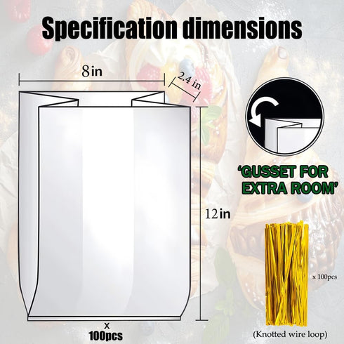 PEOKPIPLE 100 Pack Bakeries8"x2.4"x12" Reusable Bread Bags for Homemade Bread & Sandwich Bread Clear Plastic Storage