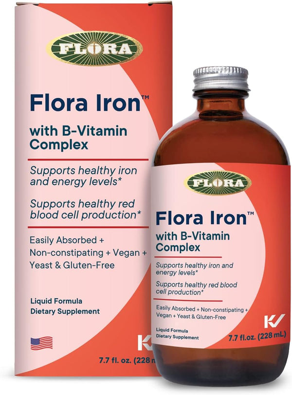 Flora Iron with B-Vitamin Complex - 7.7-oz. Glass Bottle Vegan Supplement for Healthy Iron Levels, Non-Constipating
