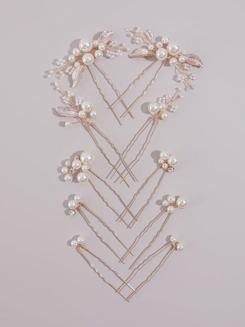 Pearls Bridal Hair Pins, Beads Bride Wedding Hair Pieces, U Shaped Headpiece for Women Girls (Gold)