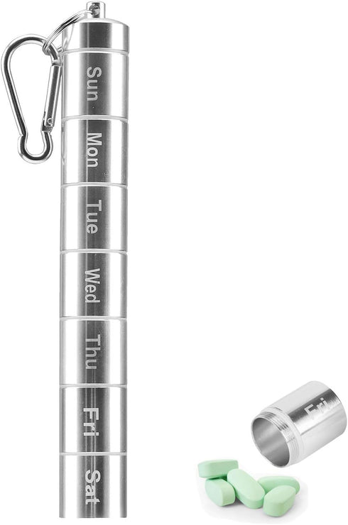 Ufurty Weekly Pill Fob, Aluminum Alloy Waterproof Pill Cases Box Dispenser Travel Pill