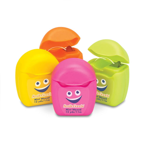 SmileGoods Cuties Mint Waxed 12 Yard Dental Floss, Mini Sample Size Floss for Giveaways, Travel, Kids, Adults, Patients, Assorted Bright Colors with Display Canister, Bulk 72 Pack