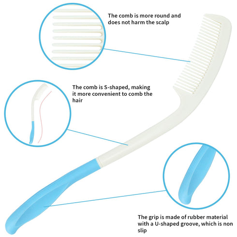 Long Reach Handled Comb and Hair Brush Set for Elderly, Hand-Disabled (Blue) - No Need to Lift Hand