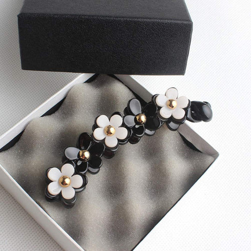 Lurrose Toothed Banana Hair Clips for Women Girls, Strong Tension Ponytail Holder, Black Flower Barrette