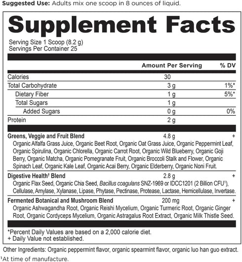 Ancient Nutrition SuperGreens Powder with Probiotics - Organic Peppermint Flavor for Digestive Support