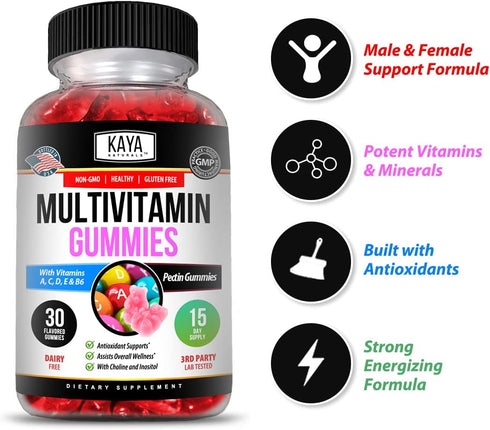 Kaya Naturals Adult Multi Vitamin Gummy, Strawberry Flavor, Biotin, Vitamins A, C, E, Zinc, B-12, 60 Gummies