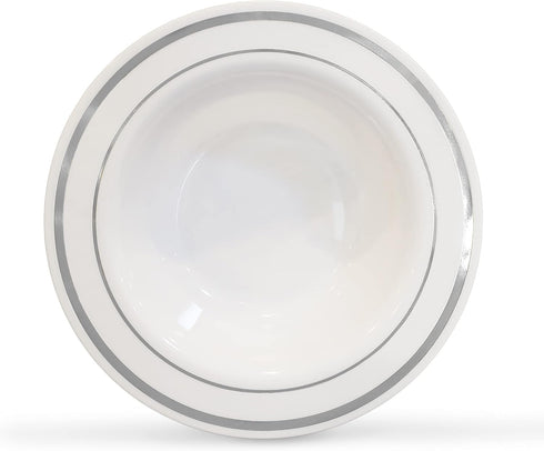 Silver Rimmed White Bowls, 5 Ounce, 50 Count, Hard Plastic, Disposable or Reusable Dessert, Salad, Cereal, Pasta Bowls