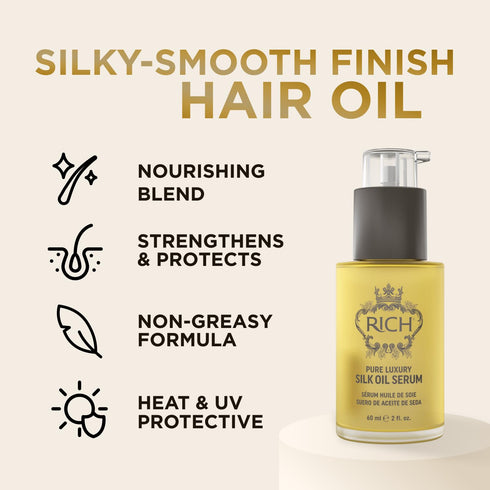 RICH Pure Luxury Silk Oil Serum with Organic Jojoba & Sweet Almond Oil for All Hair Types, 2 Oz