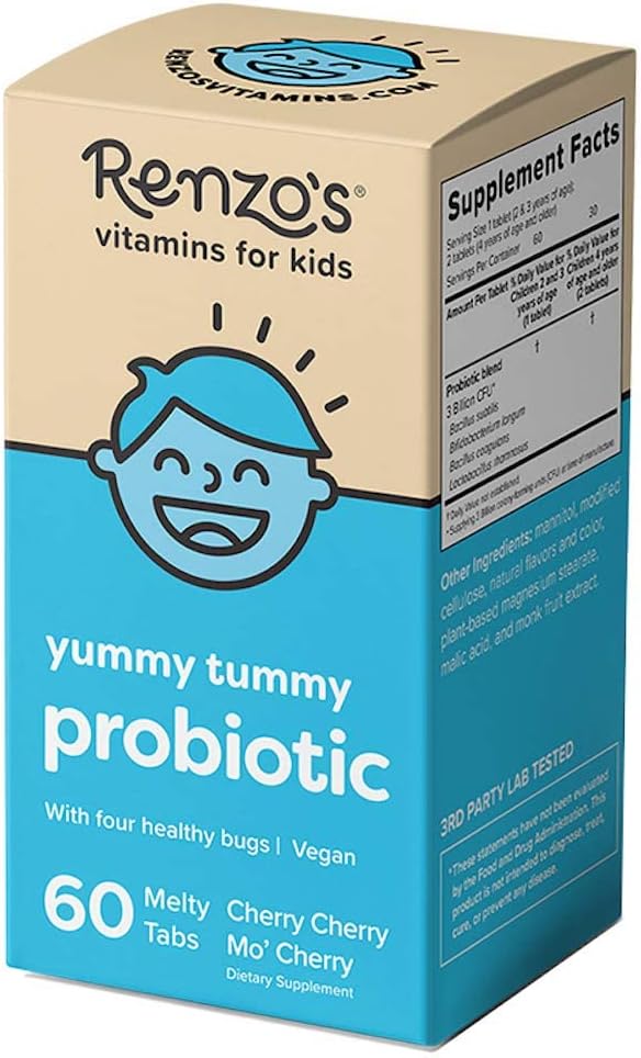 Renzo's Kids Probiotic, 60 Cherry-Flavored Melty Tabs - Dissolvable Probiotics for Digestive Health & Immune Support