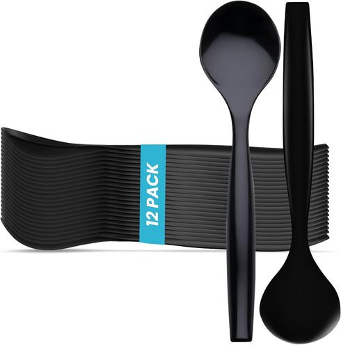 C&S Event Supply Co. 10" Plastic Serving Utensils, Disposable Spoons for Weddings, Catering, Bulk 12 Pack - Black