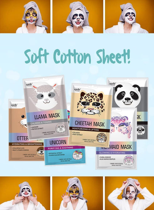 Epielle Panda Character Skincare Sheet Masks, Animal Spa Mask for All Skin Types, Spa Gifts for Women