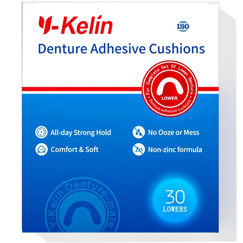 Y-Kelin Lower Denture Adhesive Cushions, Adhesive-Free Pads for Sore Gums, 30 Strips