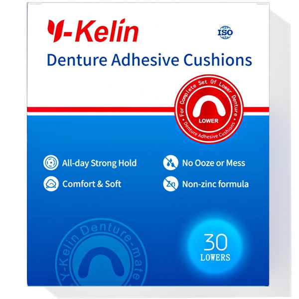 Y-Kelin Lower Denture Adhesive Cushions, Adhesive-Free Pads for Sore Gums, 30 Strips