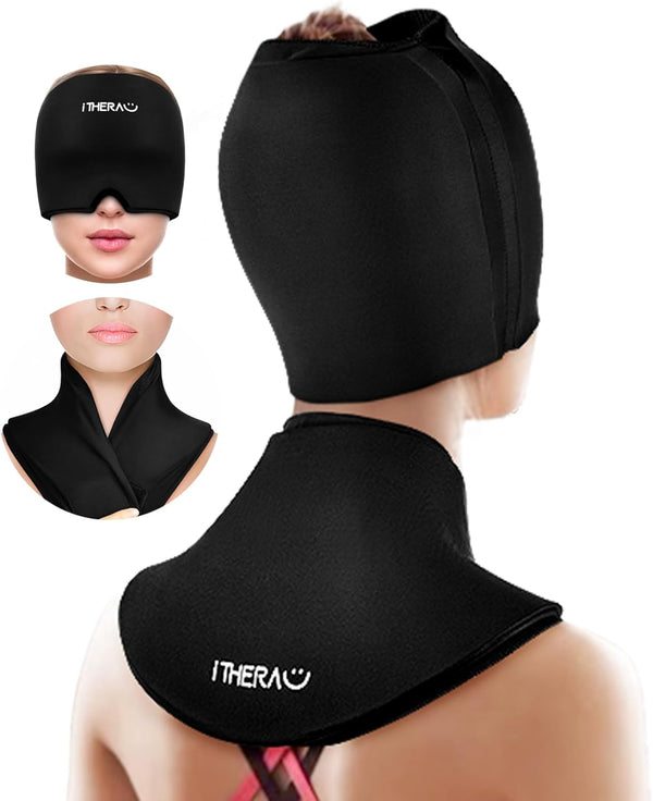 iTHERAU Migraine Relief Cap & Neck Ice Pack, 2Pcs-Set Reusable Headache Hat Ice Pack Mask, Gel Cold Compress Head Wrap