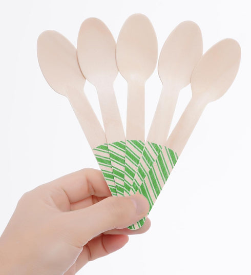 mifengda 120Pcs Christmas Disposable Wooden Spoons Green Stripe Wooden Spoons Striped Tasting Spoons Christmas Candy