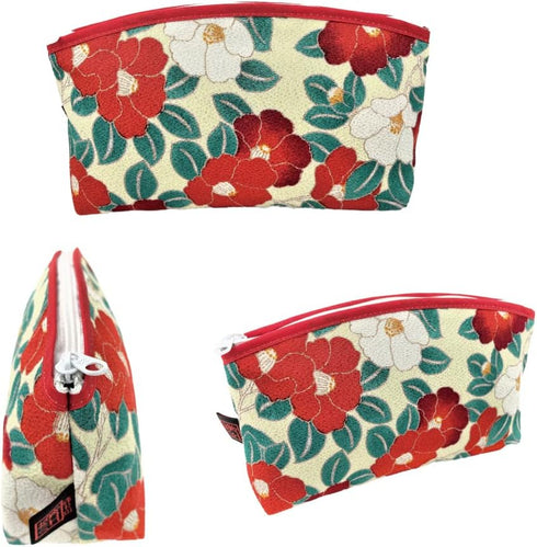 Terra Distribution Small Makeup Bag for Purse - Traditional Edo Komon Design Cute Cosmetic Pouch (Camellia Flower,