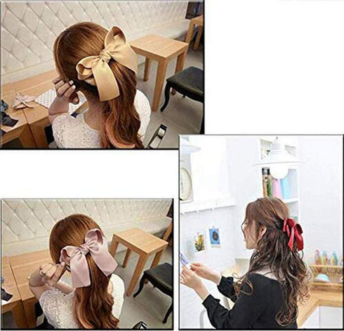 Set of 8 Big Satin Solid Ribbon French Barrette - Large Soft Silky Hair Bow Clip for Women