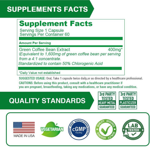 Green Coffee Bean Extract: Natural Antioxidant, High Potency - 1600mg Equivalent, 50% Chlorogenic Acid, Vegan-Friendly Dietary Supplement - 60 Capsules