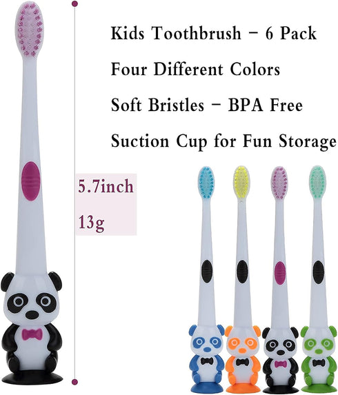Newday Kids Toothbrushes, 6 Pack Set with Soft Bristles and Suction Cup, Includes Travel Covers, Bear Panda Design