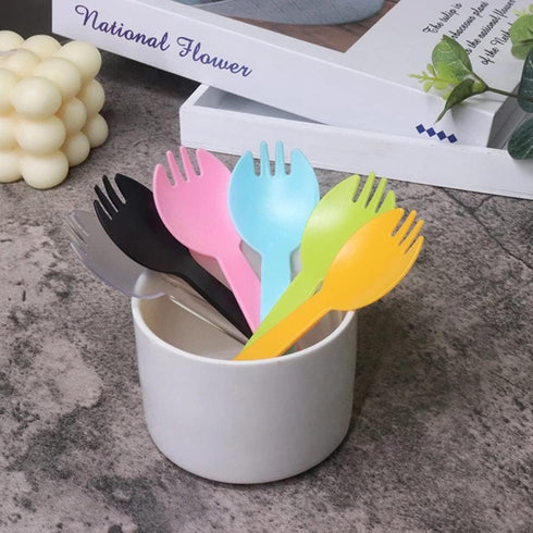 4.3" Mini Disposable Sporks, 100ct Plastic 2-in-1 Utensils, 4 Colors, 25ct Individual Package Per Color