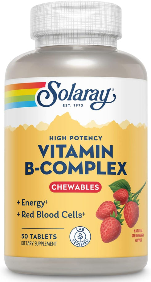 Solaray Vitamin B-Complex Chewables, 50 Tablets - Strawberry Flavor for Healthy Energy, Red Blood Cell, Stress &