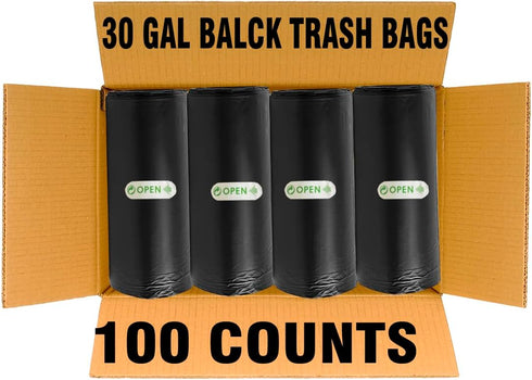 30 Gallon Trash Bags, 100 Count, Black Garbage Bags for Bathroom, Office, Industrial, Commercial, Recycling
