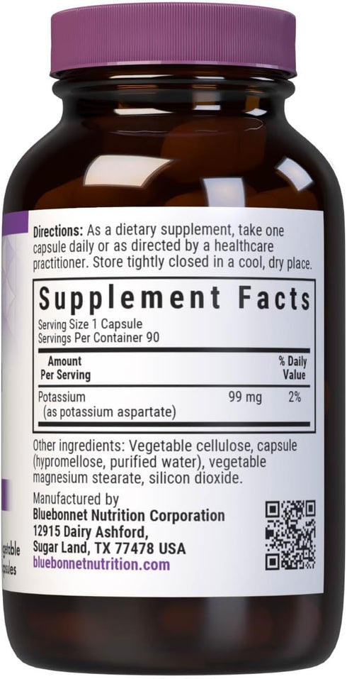 Bluebonnet Potassium Supplement Aspartate 99mg, Non-GMO, Vegan, Kosher Certified, 90 Veggie Capsules